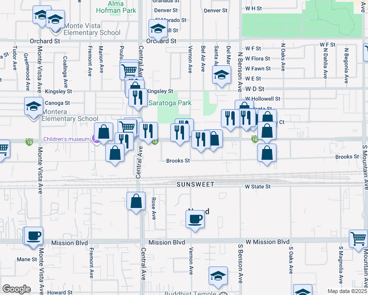 map of restaurants, bars, coffee shops, grocery stores, and more near 5490 Brooks Street in Montclair