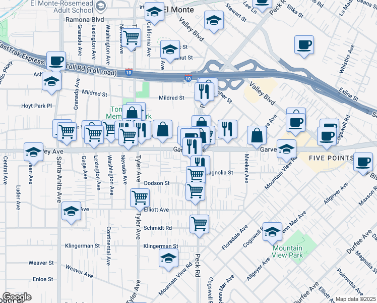 map of restaurants, bars, coffee shops, grocery stores, and more near 2828 New Deal Avenue in El Monte