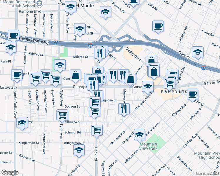 map of restaurants, bars, coffee shops, grocery stores, and more near 1/2 Garvey Avenue in El Monte