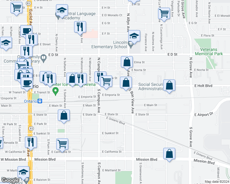 map of restaurants, bars, coffee shops, grocery stores, and more near 767 East Emporia Street in Ontario