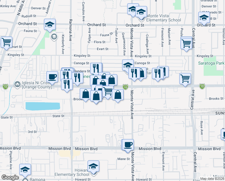map of restaurants, bars, coffee shops, grocery stores, and more near 4771 Holt Boulevard in Montclair