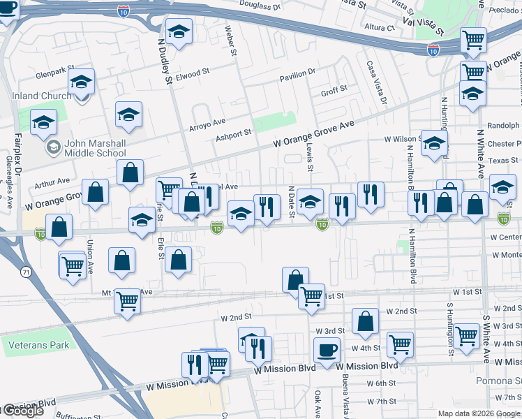 map of restaurants, bars, coffee shops, grocery stores, and more near 1395 West Holt Avenue in Pomona