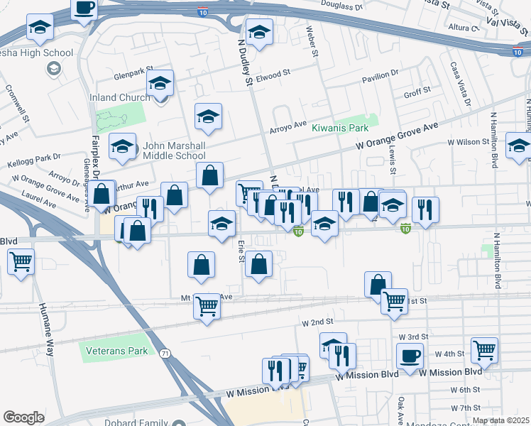 map of restaurants, bars, coffee shops, grocery stores, and more near 1605 West Holt Avenue in Pomona