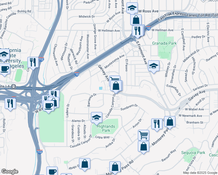 map of restaurants, bars, coffee shops, grocery stores, and more near 145 Barranca Drive in Monterey Park