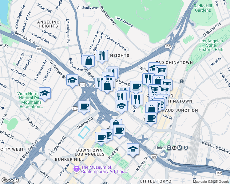 map of restaurants, bars, coffee shops, grocery stores, and more near 817 West Cesar Estrada Chavez Avenue in Los Angeles