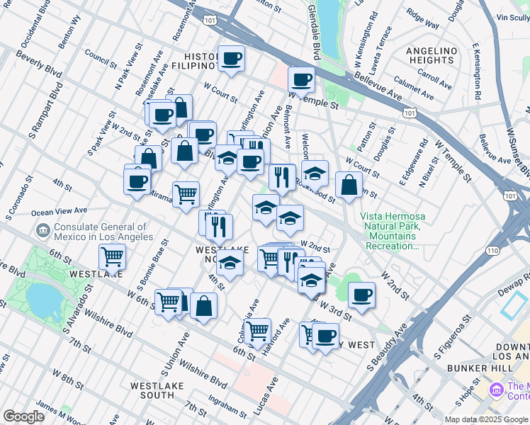 map of restaurants, bars, coffee shops, grocery stores, and more near 1575 West 2nd Street in Los Angeles