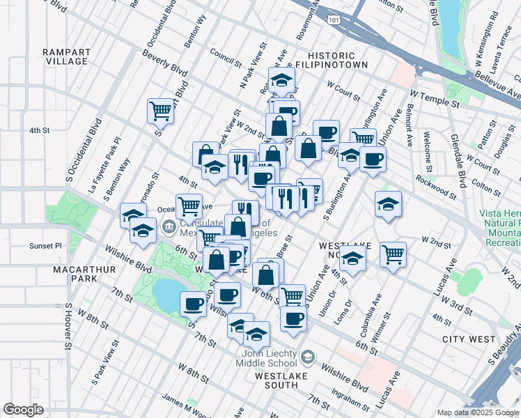 map of restaurants, bars, coffee shops, grocery stores, and more near 309 South Westlake Avenue in Los Angeles