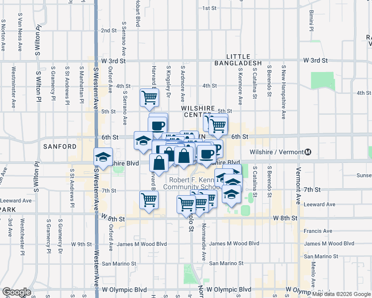 map of restaurants, bars, coffee shops, grocery stores, and more near 3547 Wilshire Boulevard in Los Angeles
