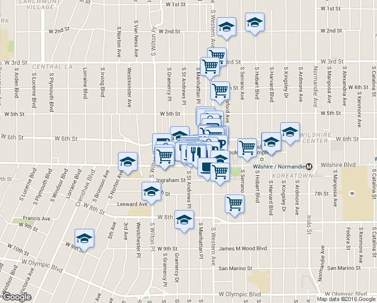 map of restaurants, bars, coffee shops, grocery stores, and more near 3855 Wilshire Boulevard in Los Angeles