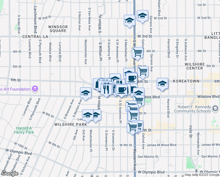 map of restaurants, bars, coffee shops, grocery stores, and more near 3921 Wilshire Boulevard in Los Angeles