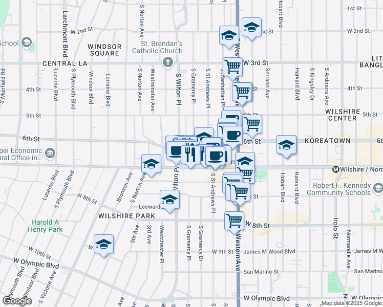 map of restaurants, bars, coffee shops, grocery stores, and more near 3921 Wilshire Boulevard in Los Angeles