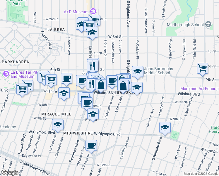 map of restaurants, bars, coffee shops, grocery stores, and more near 5106 Wilshire Boulevard in Los Angeles