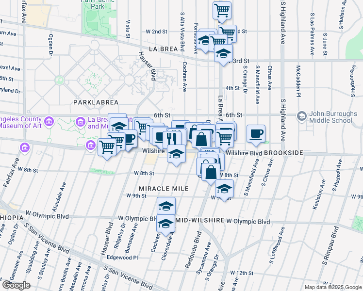 map of restaurants, bars, coffee shops, grocery stores, and more near 5410 Wilshire Boulevard in Los Angeles