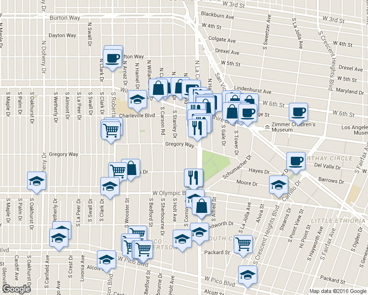 map of restaurants, bars, coffee shops, grocery stores, and more near 321s La Cienega Boulevard in Beverly Hills
