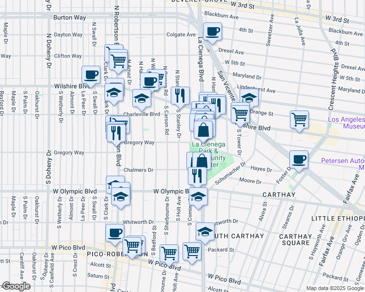 map of restaurants, bars, coffee shops, grocery stores, and more near 837 South Holt Avenue in Los Angeles