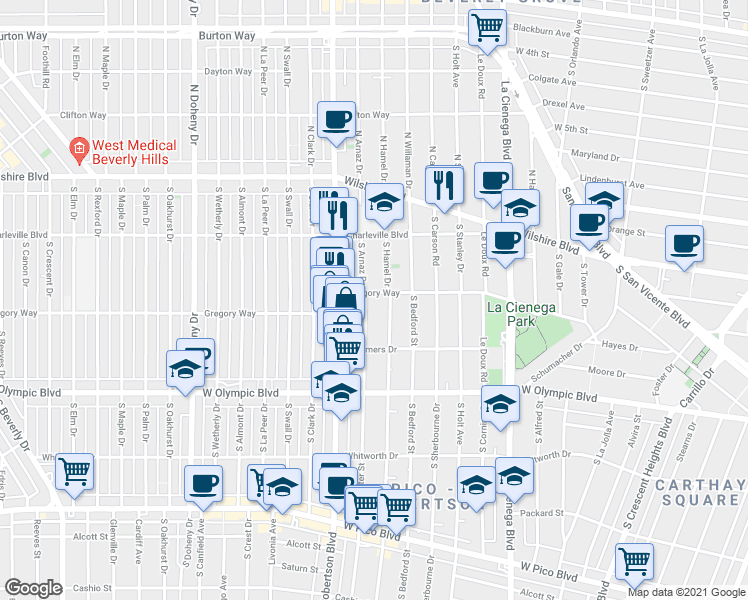 map of restaurants, bars, coffee shops, grocery stores, and more near 819 1/2 South Shenandoah Street in Los Angeles