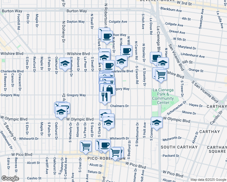 map of restaurants, bars, coffee shops, grocery stores, and more near 822 South Robertson Boulevard in Los Angeles