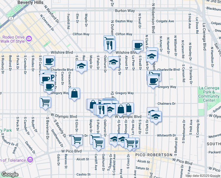map of restaurants, bars, coffee shops, grocery stores, and more near 304 South Oakhurst Drive in Beverly Hills