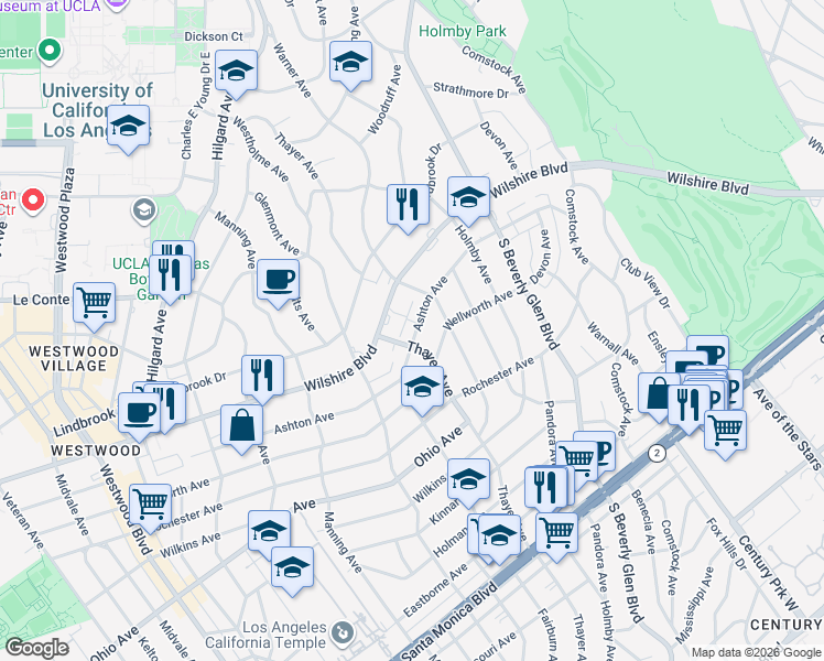 map of restaurants, bars, coffee shops, grocery stores, and more near 10487 Wellworth Avenue in Los Angeles
