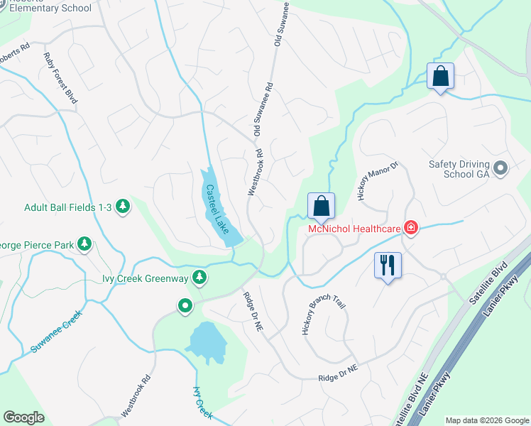 map of restaurants, bars, coffee shops, grocery stores, and more near 523 Creek Mist Court in Suwanee