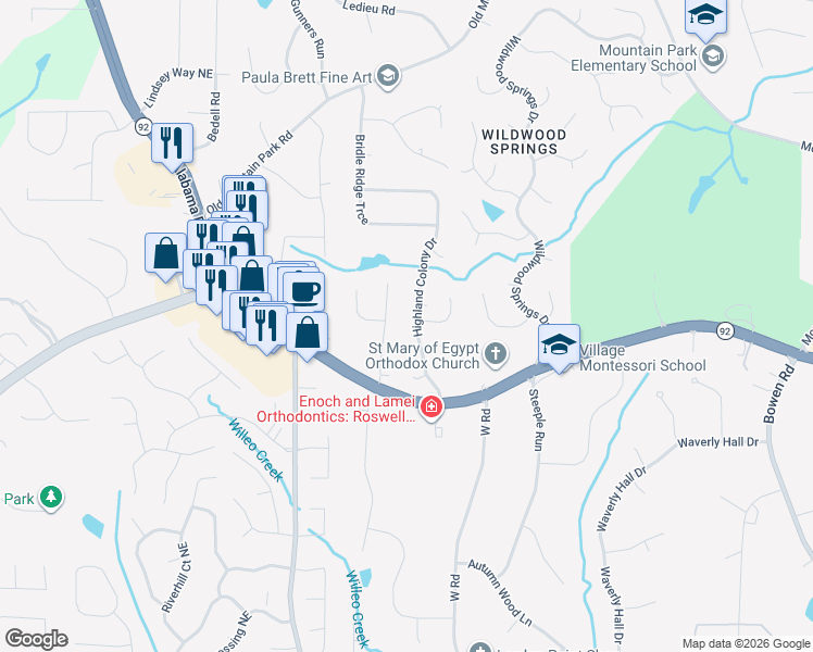 map of restaurants, bars, coffee shops, grocery stores, and more near 11565 Laurel Lake Drive in Roswell