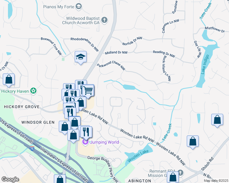 map of restaurants, bars, coffee shops, grocery stores, and more near 1352 Hearthstone Way Northwest in Acworth