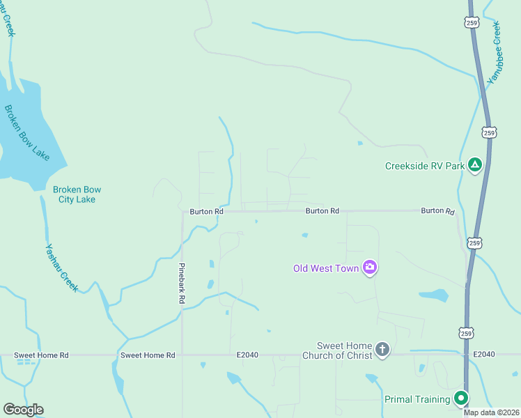 map of restaurants, bars, coffee shops, grocery stores, and more near 876 Burton Road in Broken Bow