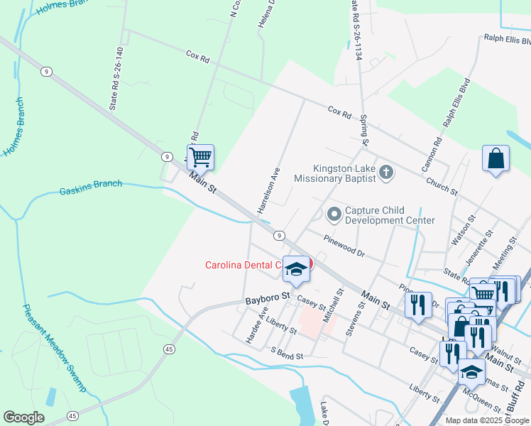 map of restaurants, bars, coffee shops, grocery stores, and more near 4150 Harrelson Avenue in Loris
