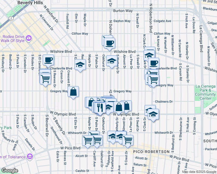 map of restaurants, bars, coffee shops, grocery stores, and more near 304 South Oakhurst Drive in Beverly Hills