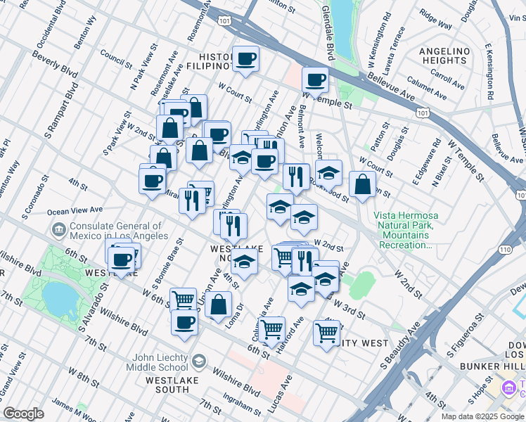 map of restaurants, bars, coffee shops, grocery stores, and more near 233 Union Place in Los Angeles