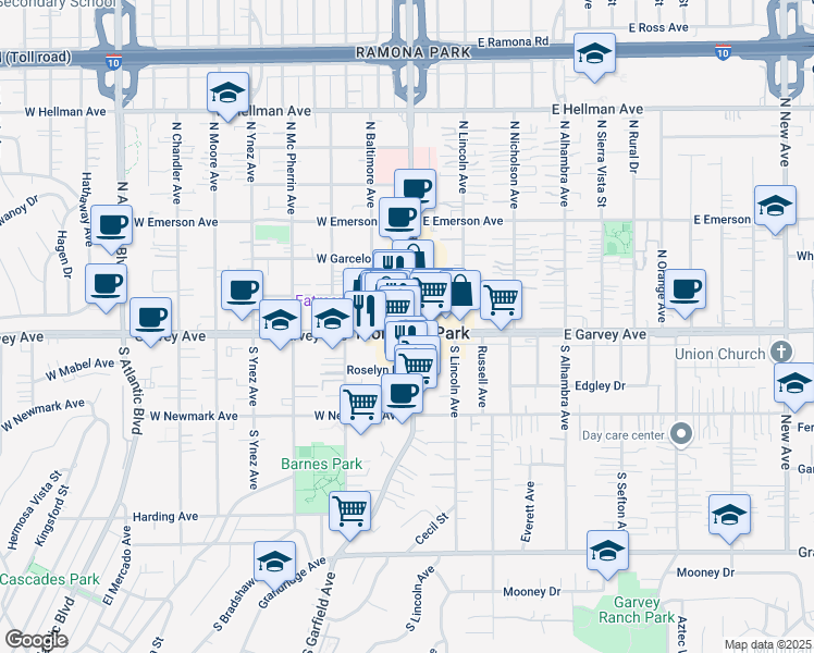 map of restaurants, bars, coffee shops, grocery stores, and more near 111 West Garvey Avenue in Monterey Park