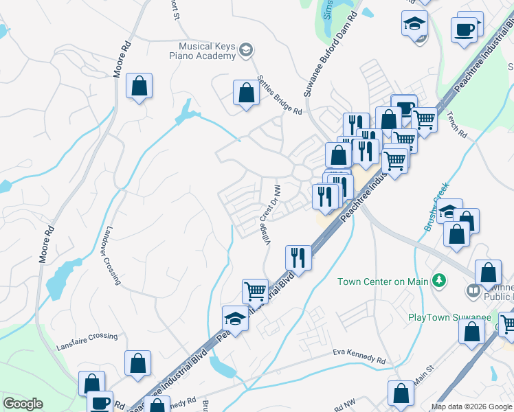 map of restaurants, bars, coffee shops, grocery stores, and more near 4895 Backbay Street in Suwanee