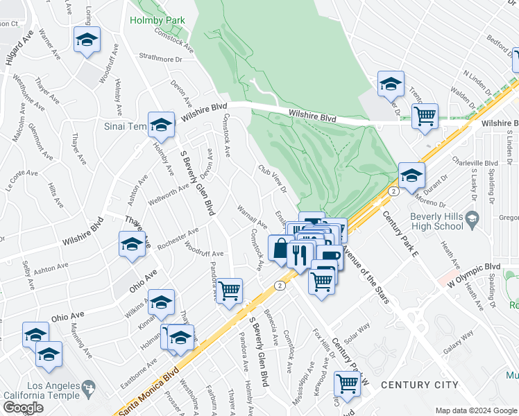 map of restaurants, bars, coffee shops, grocery stores, and more near 1519 Comstock Avenue in Los Angeles