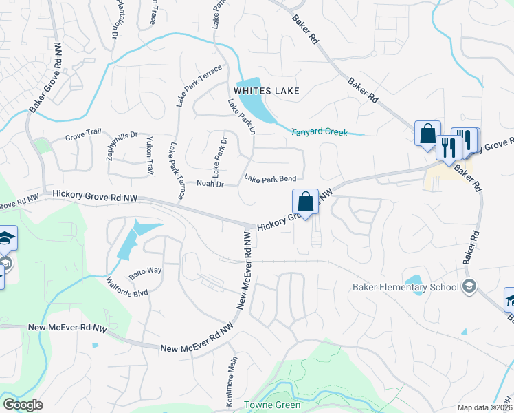 map of restaurants, bars, coffee shops, grocery stores, and more near 4835 Lake Park Lane in Acworth