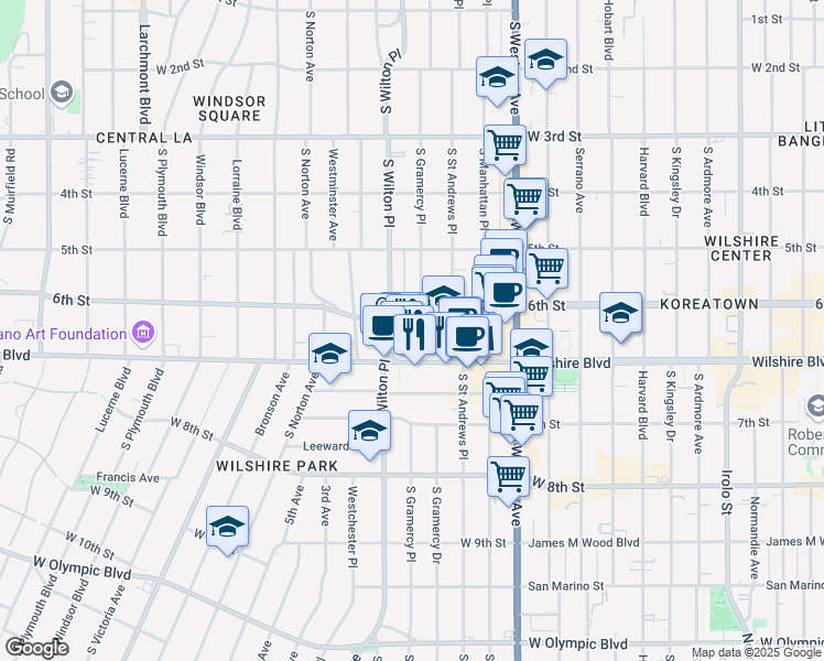 map of restaurants, bars, coffee shops, grocery stores, and more near 621 South Gramercy Place in Los Angeles