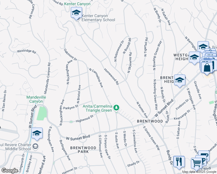 map of restaurants, bars, coffee shops, grocery stores, and more near 334 North Carmelina Avenue in Los Angeles