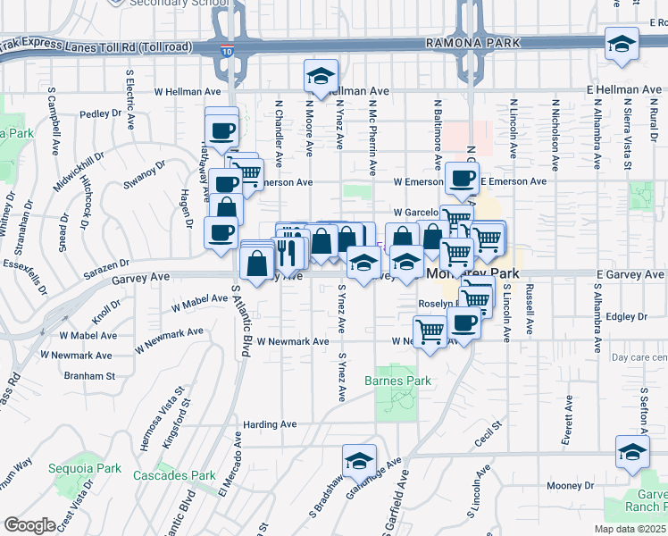 map of restaurants, bars, coffee shops, grocery stores, and more near 500 West Garvey Avenue in Monterey Park