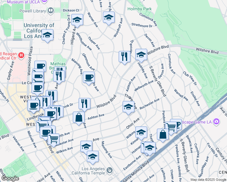 map of restaurants, bars, coffee shops, grocery stores, and more near 10551 Wilshire Boulevard in Los Angeles