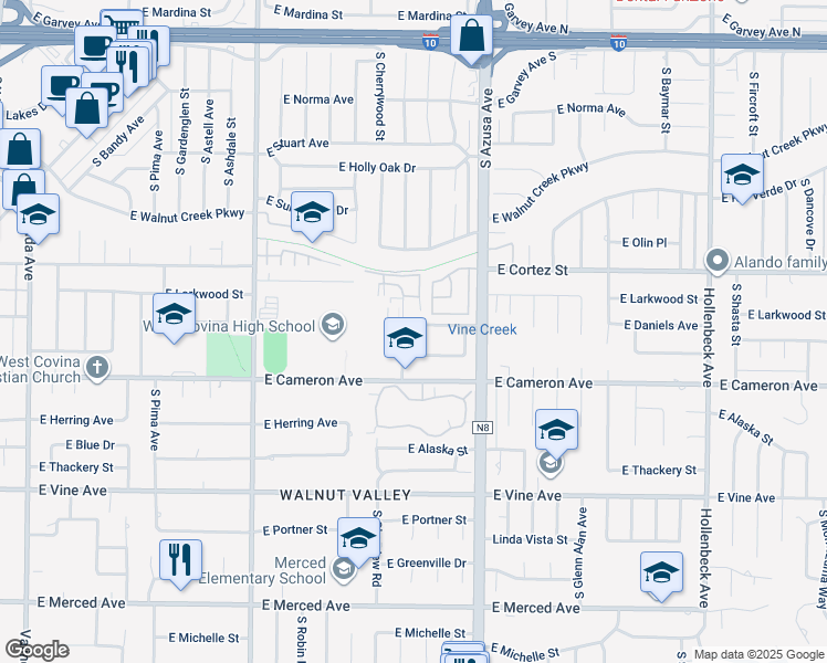 map of restaurants, bars, coffee shops, grocery stores, and more near 1646 East Mobeck Street in West Covina