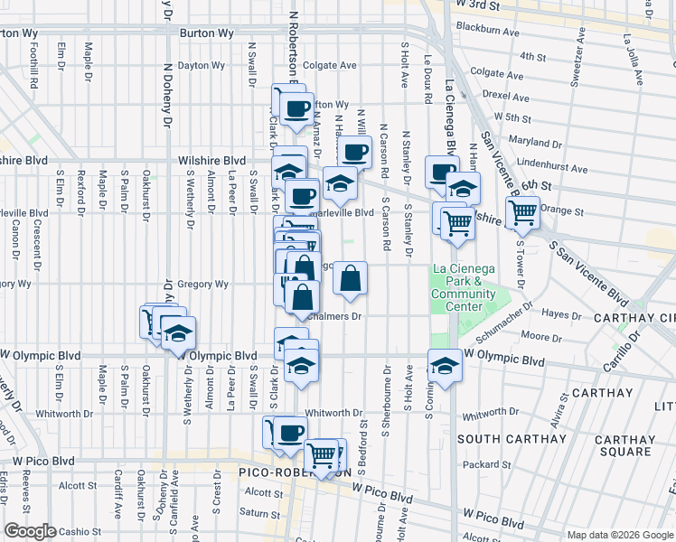map of restaurants, bars, coffee shops, grocery stores, and more near 8704 Gregory Way in Los Angeles