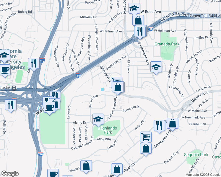 map of restaurants, bars, coffee shops, grocery stores, and more near 1818 West Garvey Avenue in Alhambra