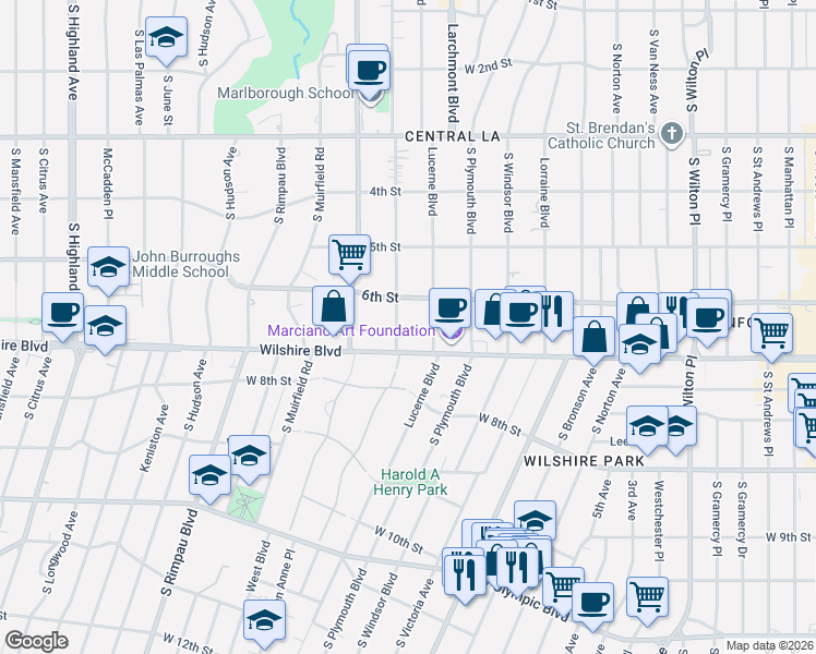 map of restaurants, bars, coffee shops, grocery stores, and more near 632 South Arden Boulevard in Los Angeles