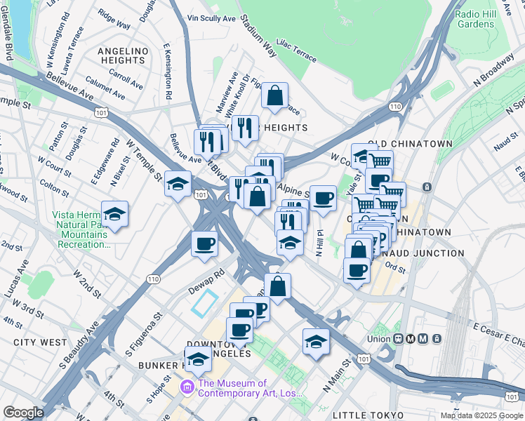 map of restaurants, bars, coffee shops, grocery stores, and more near 891 West Cesar Estrada Chavez Avenue in Los Angeles