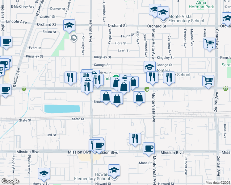 map of restaurants, bars, coffee shops, grocery stores, and more near 4664 Brooks Street in Montclair