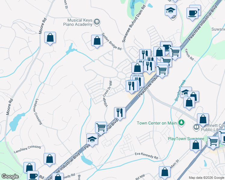map of restaurants, bars, coffee shops, grocery stores, and more near 4429 Lassen Court in Suwanee