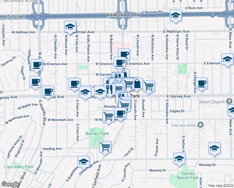 map of restaurants, bars, coffee shops, grocery stores, and more near in Monterey Park