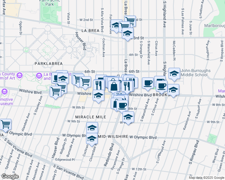 map of restaurants, bars, coffee shops, grocery stores, and more near 5354 Wilshire Boulevard in Los Angeles