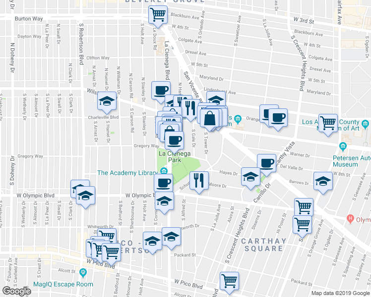 map of restaurants, bars, coffee shops, grocery stores, and more near 8381 Gregory Way in Beverly Hills
