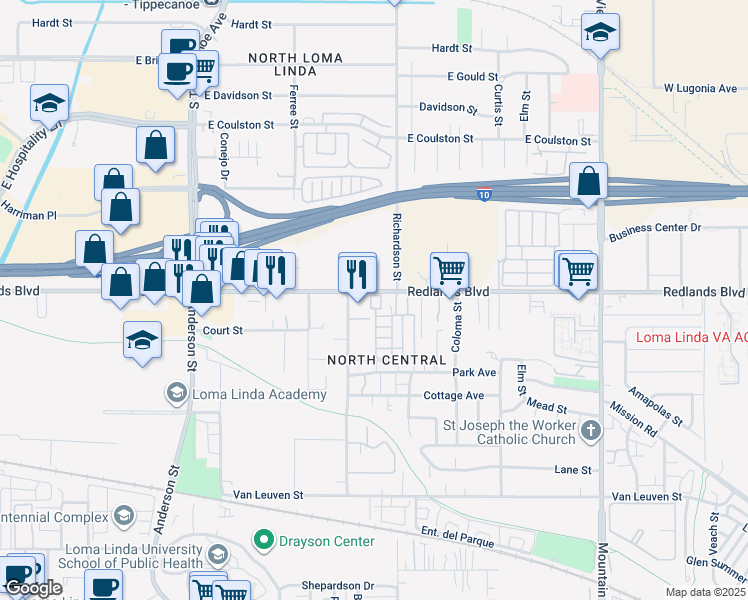 map of restaurants, bars, coffee shops, grocery stores, and more near 1-1 Grube Street in Loma Linda