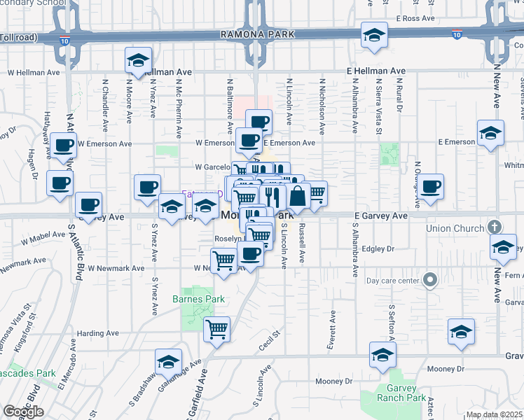 map of restaurants, bars, coffee shops, grocery stores, and more near 123 South Lincoln Avenue in Monterey Park
